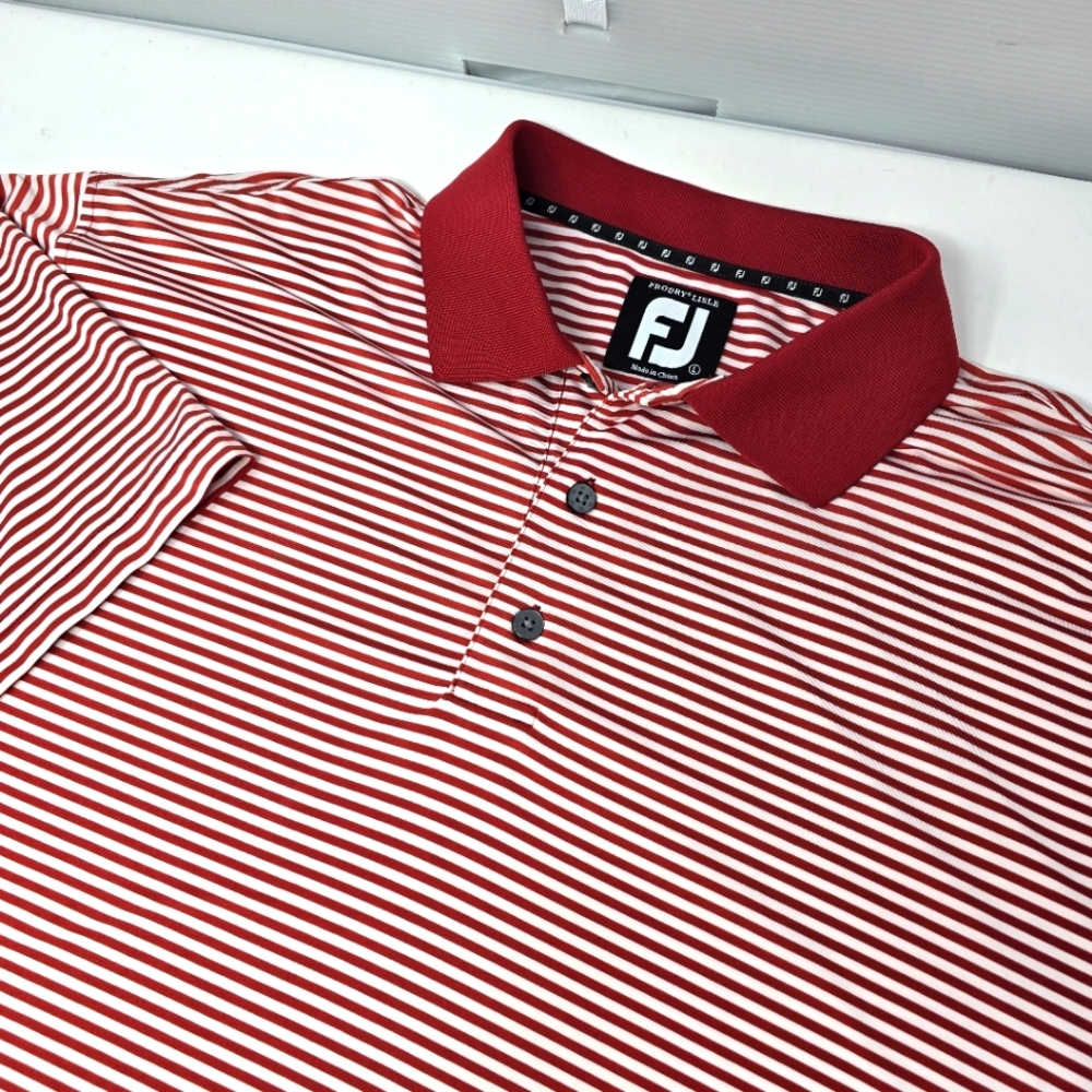FootJoy Prodry Lisle Men's‎ Polo Red Striped Size Large Stretch Logo On Sleeve.